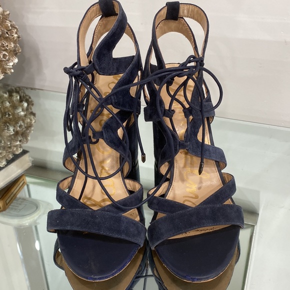 Sam Edelman Lace Up Yardley Suede Leather Navy Blue High Heel Sandals 8.5 US - Picture 3 of 11